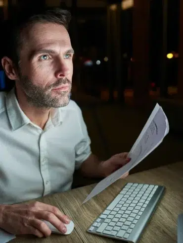 Person in white shirt working late at night on a computer, holding a printed document with charts visible on the monitor.