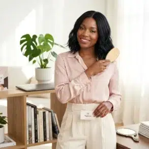 A Black woman in a pink silk shirt and beige pants brushes her dark, wavy hair with a wooden brush while holding a Wigfever business card.