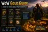 WoW Gold Guide." A warrior stands overlooking a kingdom. Tips for making gold in World of Warcraft include questing, gathering, professions, dungeons, flipping, and daily activities. Gold coins and bars are displayed, creating a rich, adventurous tone.