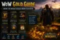 WoW Gold Guide." A warrior stands overlooking a kingdom. Tips for making gold in World of Warcraft include questing, gathering, professions, dungeons, flipping, and daily activities. Gold coins and bars are displayed, creating a rich, adventurous tone.