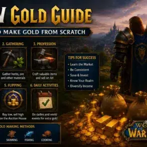 WoW Gold Guide." A warrior stands overlooking a kingdom. Tips for making gold in World of Warcraft include questing, gathering, professions, dungeons, flipping, and daily activities. Gold coins and bars are displayed, creating a rich, adventurous tone.