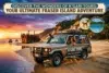 Four-wheel drive vehicle with people driving on a beach next to a shipwreck with inset images of a dingo and swimmers.