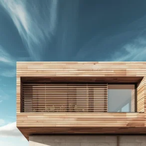 Modern wooden house facade with horizontal slats over a large window under a partly cloudy sky.