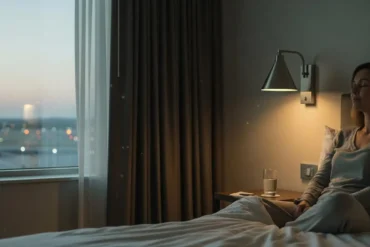 Woman sitting on a bed in a dimly lit room near a window with a glass of water on the nightstand and city lights outside.