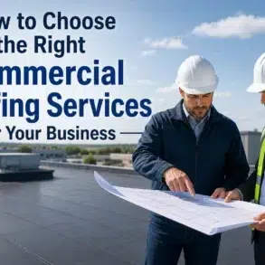Two construction workers in hard hats review blueprints on a rooftop, with text "How to Choose the Right Commercial Roofing Services for Your Business" in the background.