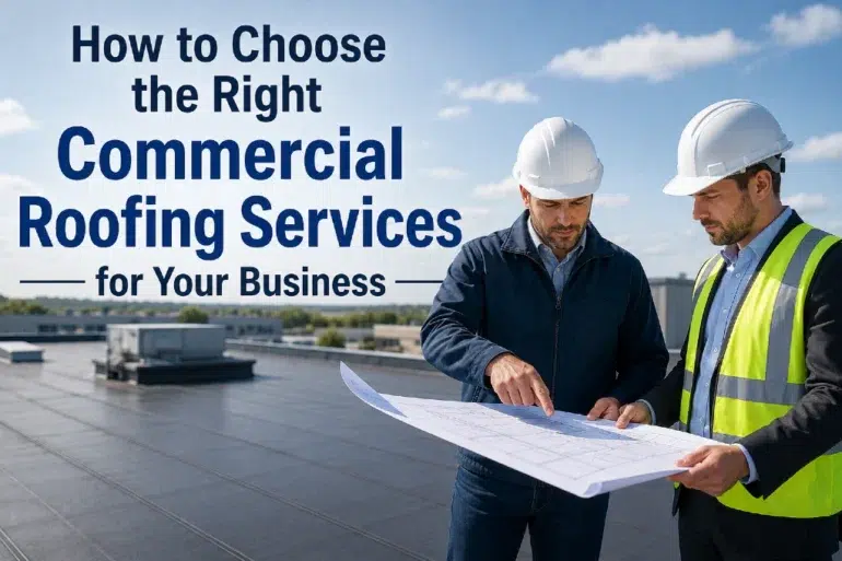 Two construction workers in hard hats review blueprints on a rooftop, with text "How to Choose the Right Commercial Roofing Services for Your Business" in the background.