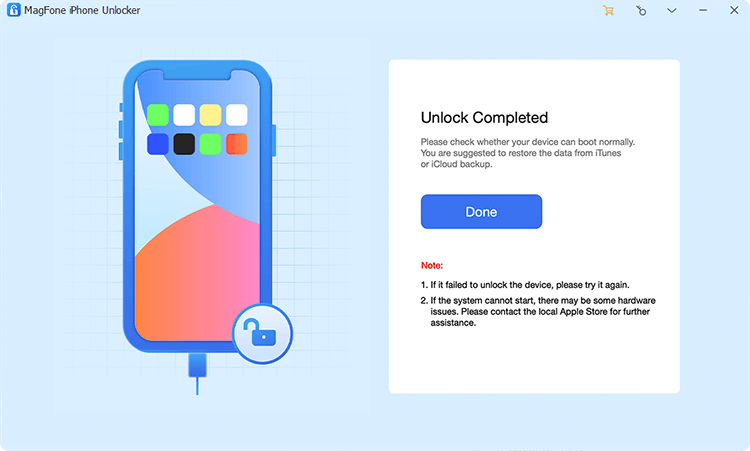 Digital illustration of a smartphone with a colorful lock icon, indicating successful unlocking. Text on the right reads 'Unlock Completed' with a 'Done' button and notes for troubleshooting.
