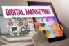 A vibrant digital marketing concept image featuring a tablet displaying social media icons and a hand pointing at it. Nearby, marketing elements like a megaphone, charts, and email icons illustrate online engagement. The atmosphere conveys innovation and connectivity.