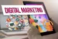 A vibrant digital marketing concept image featuring a tablet displaying social media icons and a hand pointing at it. Nearby, marketing elements like a megaphone, charts, and email icons illustrate online engagement. The atmosphere conveys innovation and connectivity.