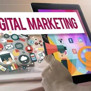 A vibrant digital marketing concept image featuring a tablet displaying social media icons and a hand pointing at it. Nearby, marketing elements like a megaphone, charts, and email icons illustrate online engagement. The atmosphere conveys innovation and connectivity.