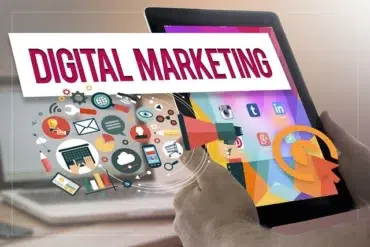 A vibrant digital marketing concept image featuring a tablet displaying social media icons and a hand pointing at it. Nearby, marketing elements like a megaphone, charts, and email icons illustrate online engagement. The atmosphere conveys innovation and connectivity.