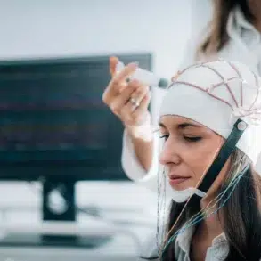 A woman wears an EEG cap connected with electrodes while another person adjusts it. A computer monitor with brainwave data is visible in the background.