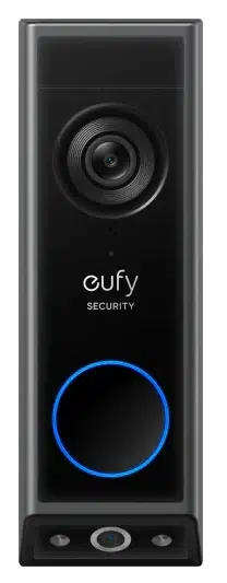 Smart video doorbell with a dark sleek design, featuring a prominent camera and a circular button with a blue LED ring. Branding states "Eufy Security."