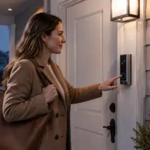 A woman in a brown coat rings a doorbell camera at dusk, holding a large handbag. The home entrance is warmly lit, creating a welcoming atmosphere.