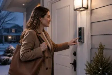A woman in a brown coat rings a doorbell camera at dusk, holding a large handbag. The home entrance is warmly lit, creating a welcoming atmosphere.