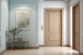 Interior hallway with light wood doors, abstract wall art, and a plant on a bench.