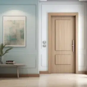 Interior hallway with light wood doors, abstract wall art, and a plant on a bench.