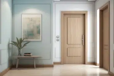 Interior hallway with light wood doors, abstract wall art, and a plant on a bench.