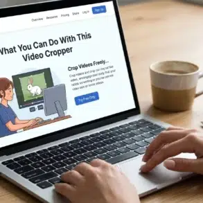 A person types on a laptop displaying a video cropping website. A cup and notebook are nearby. The scene is calm and focused, suggesting productivity.