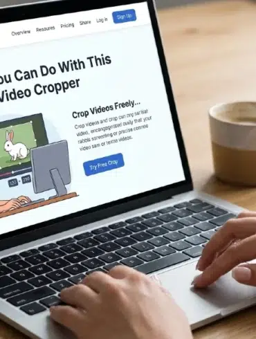 A person types on a laptop displaying a video cropping website. A cup and notebook are nearby. The scene is calm and focused, suggesting productivity.