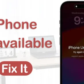 iPhone screen showing "iPhone Unavailable, try again in 1 minute" message with text "iPhone Unavailable Fix It" on the left.