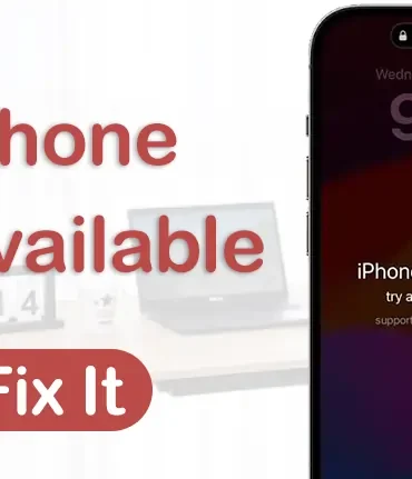 iPhone screen showing "iPhone Unavailable, try again in 1 minute" message with text "iPhone Unavailable Fix It" on the left.