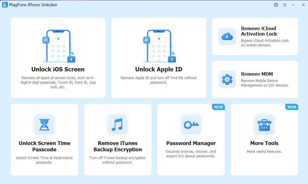 MagFone iPhone Unlocker interface with six options: Unlock iOS Screen, Unlock Apple ID, Remove iCloud Activation Lock, Unlock Screen Time Passcode, Remove iTunes Backup Encryption, and Password Manager. Each option has an icon and brief description. The tone is technical and informative.