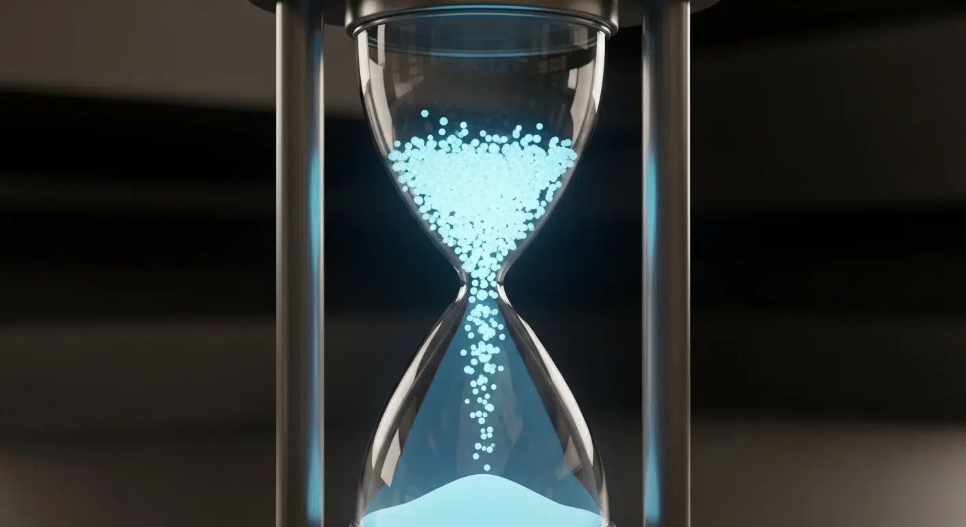 A sleek hourglass with glowing blue particles inside, slowly trickling down. The background is dark, emphasizing a futuristic and contemplative tone.