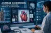 A medical professional uses AI software on a computer to generate a 3D heart illustration. Keywords include AI-powered, healthcare, and medical visualization.