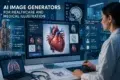 A medical professional uses AI software on a computer to generate a 3D heart illustration. Keywords include AI-powered, healthcare, and medical visualization.