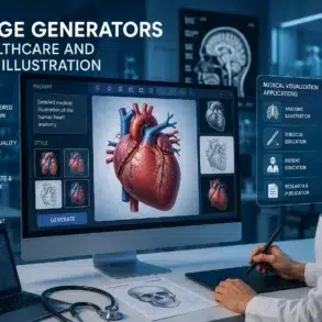 A medical professional uses AI software on a computer to generate a 3D heart illustration. Keywords include AI-powered, healthcare, and medical visualization.