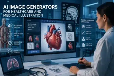 A medical professional uses AI software on a computer to generate a 3D heart illustration. Keywords include AI-powered, healthcare, and medical visualization.