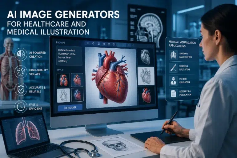 A medical professional uses AI software on a computer to generate a 3D heart illustration. Keywords include AI-powered, healthcare, and medical visualization.