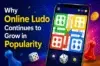 Smartphone displaying an online Ludo game board with colorful game pieces, dice, and text promoting the game's growing popularity.