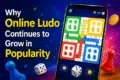 Smartphone displaying an online Ludo game board with colorful game pieces, dice, and text promoting the game's growing popularity.