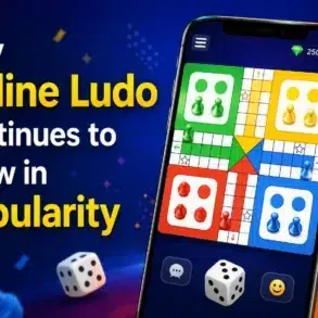 Smartphone displaying an online Ludo game board with colorful game pieces, dice, and text promoting the game's growing popularity.