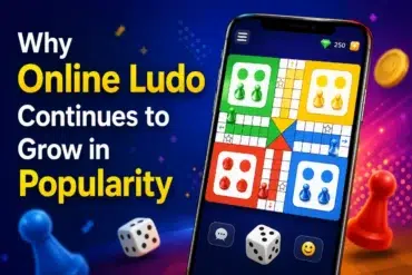 Smartphone displaying an online Ludo game board with colorful game pieces, dice, and text promoting the game's growing popularity.