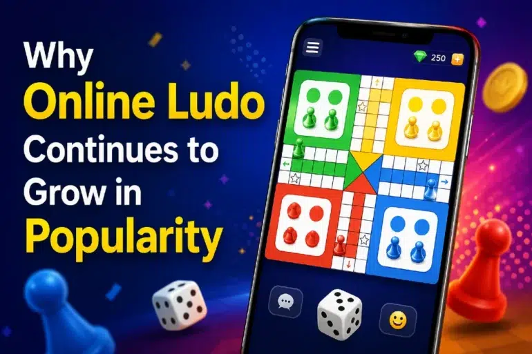 Smartphone displaying an online Ludo game board with colorful game pieces, dice, and text promoting the game's growing popularity.