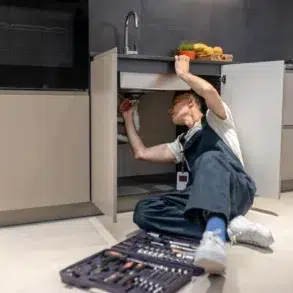 Person in overalls fixing plumbing under a kitchen sink with toolset on the floor nearby.