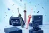 Three colorful electric toothbrushes stand upright amid floating blue confetti. Nearby are elegant blue gift boxes with silky interiors and dark blue ribbons, creating a festive and modern vibe.