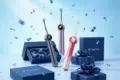 Three colorful electric toothbrushes stand upright amid floating blue confetti. Nearby are elegant blue gift boxes with silky interiors and dark blue ribbons, creating a festive and modern vibe.