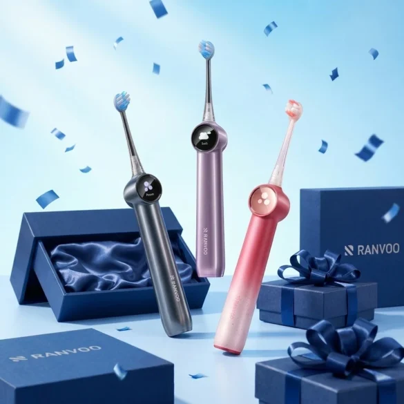 Three colorful electric toothbrushes stand upright amid floating blue confetti. Nearby are elegant blue gift boxes with silky interiors and dark blue ribbons, creating a festive and modern vibe.