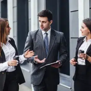 Three business professionals in suits converse outside, each holding coffee cups. The atmosphere is engaged and collaborative, suggesting a lively discussion.