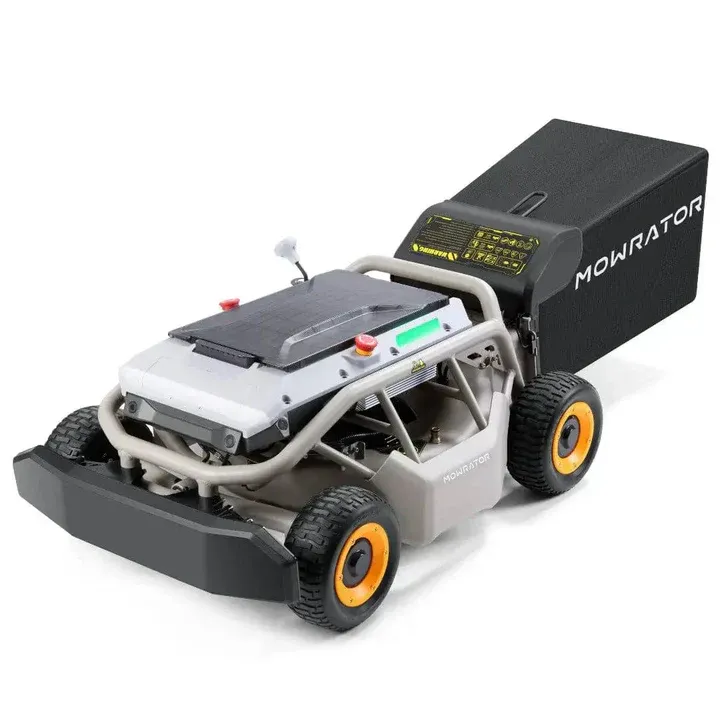 White and gray robotic lawn mower with black mowing deck and bag, on a white background.