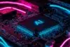 Close-up of a circuit board featuring a glowing AI chip with neon pink and blue lighting on electronic components.