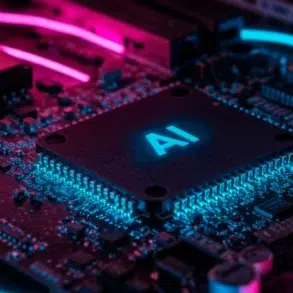 Close-up of a circuit board featuring a glowing AI chip with neon pink and blue lighting on electronic components.