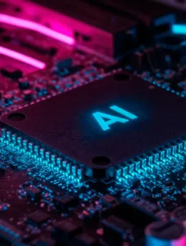 Close-up of a circuit board featuring a glowing AI chip with neon pink and blue lighting on electronic components.