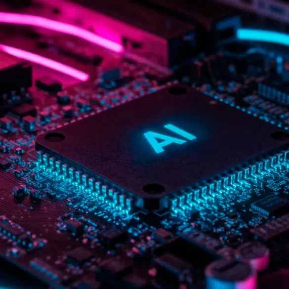 Close-up of a circuit board featuring a glowing AI chip with neon pink and blue lighting on electronic components.