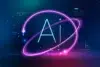 The letters "AI" are centered within a glowing neon ring against a dark blue and pink digital background.
