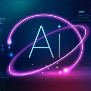 The letters "AI" are centered within a glowing neon ring against a dark blue and pink digital background.